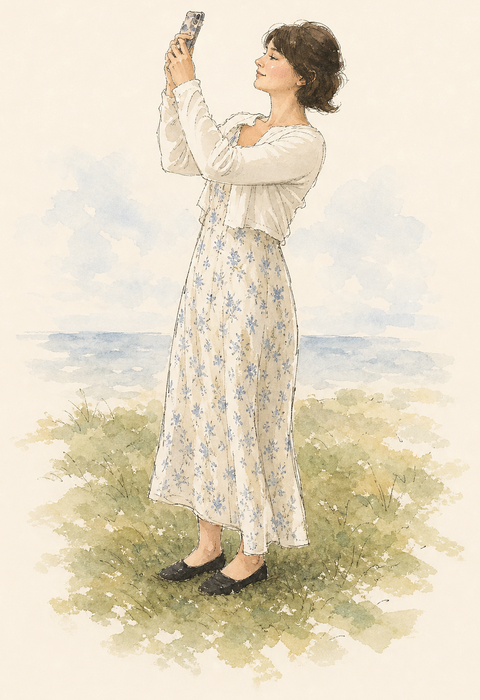 An ink and watercolour illustration of Imogen Serwotka standing on a seafront lawn, taking a photograph